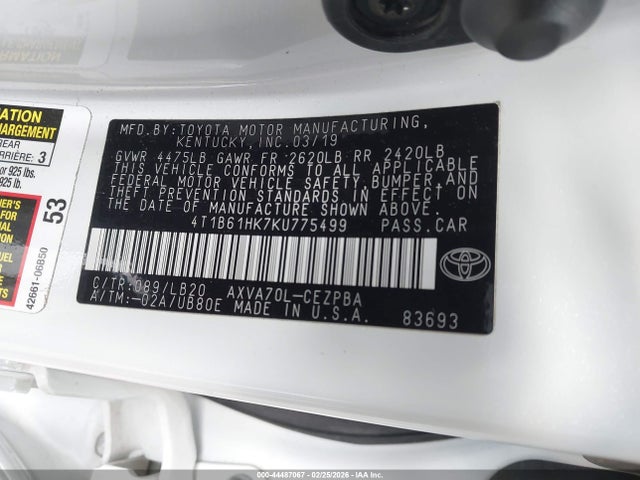4T1B61HK7KU775499 Toyota CAMRY XSE