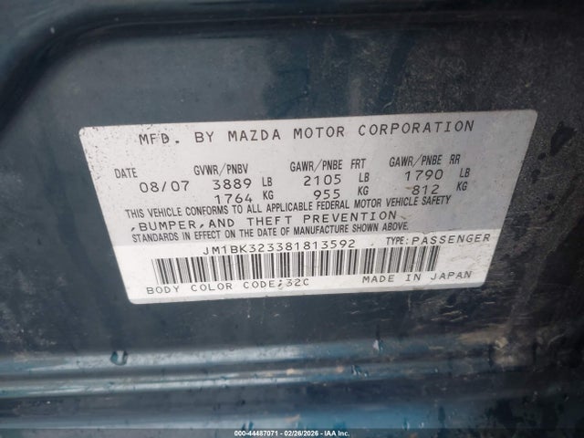 44487071 :رقم المزاد ، JM1BK323381813592 vin ، 2008 Mazda Mazda3 S Touring مزاد بيع