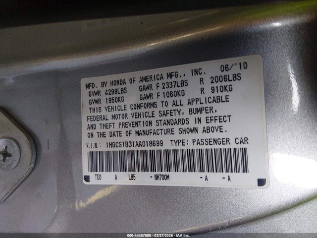 Продажа на аукционе авто 2010 Honda Accord 2.4 Lx-s, vin: 1HGCS1B31AA018699, номер лота: 44487080