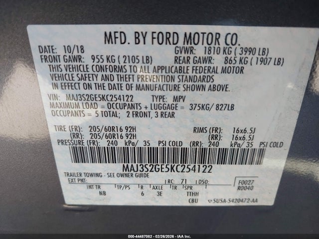 MAJ3S2GE5KC254122 Ford Ecosport Se