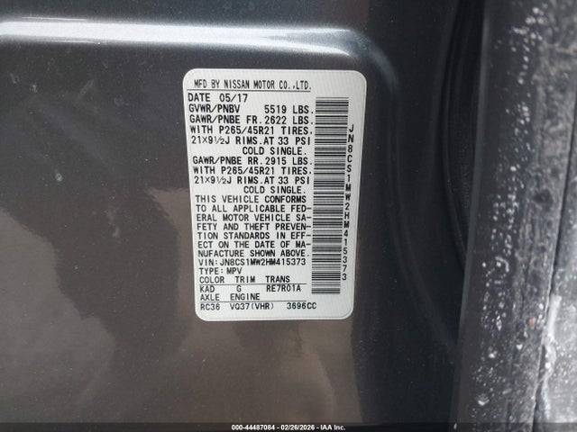 2017 Infiniti Qx70 მანქანა იყიდება აუქციონზე, vin: JN8CS1MW2HM415373, აუქციონის ნომერი: 44487084