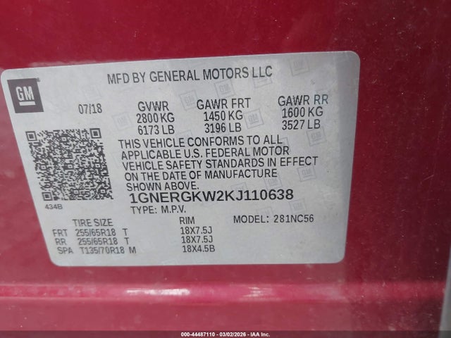 1GNERGKW2KJ110638 Chevrolet Traverse 1lt