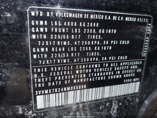 2022 Volkswagen Taos 1.5t S მანქანა იყიდება აუქციონზე, vin: 3VVMX7B24NM055898, აუქციონის ნომერი: 44487112