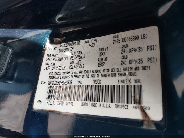 2000 DODGE DAKOTA 1B7GL22X9YS523979 Photo 8