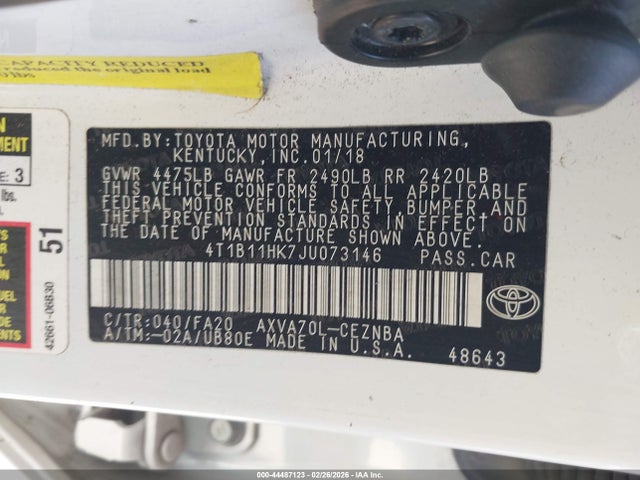 4T1B11HK7JU073146 Toyota CAMRY LE