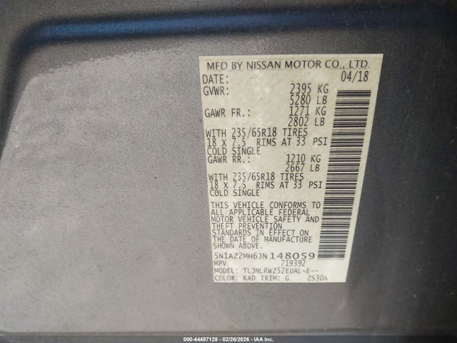 5N1AZ2MH6JN148059 Nissan MURANO SL