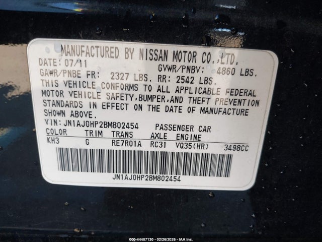 44487130 :رقم المزاد ، JN1AJ0HP2BM802454 vin ، 2011 Infiniti Ex35 Journey مزاد بيع