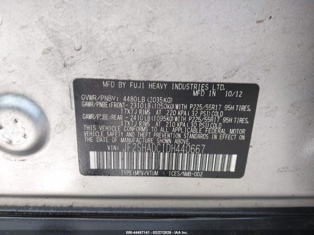 44487141 :رقم المزاد ، JF2SHADC1DH440667 vin ، 2013 Subaru Forester 2.5x Premium مزاد بيع