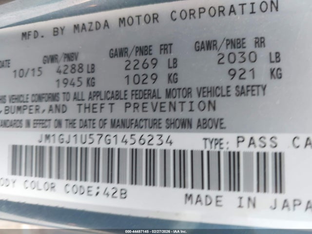 44487145 :رقم المزاد ، JM1GJ1U57G1456234 vin ، 2016 Mazda Mazda6 I Sport مزاد بيع