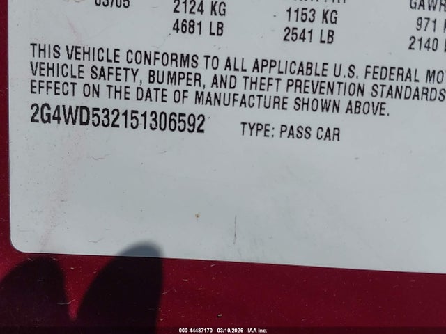 44487170 :رقم المزاد ، 2G4WD532151306592 vin ، 2005 Buick Lacrosse Cxl مزاد بيع