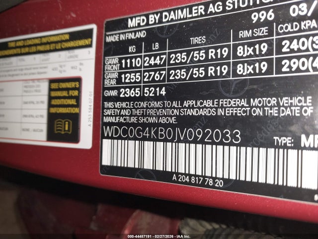 2018 Mercedes-benz Glc 300 4matic მანქანა იყიდება აუქციონზე, vin: WDC0G4KB0JV092033, აუქციონის ნომერი: 44487191