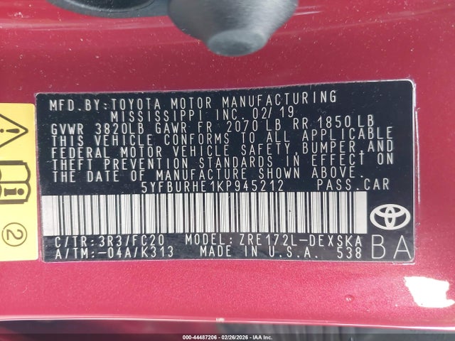 5YFBURHE1KP945212 Toyota COROLLA SE