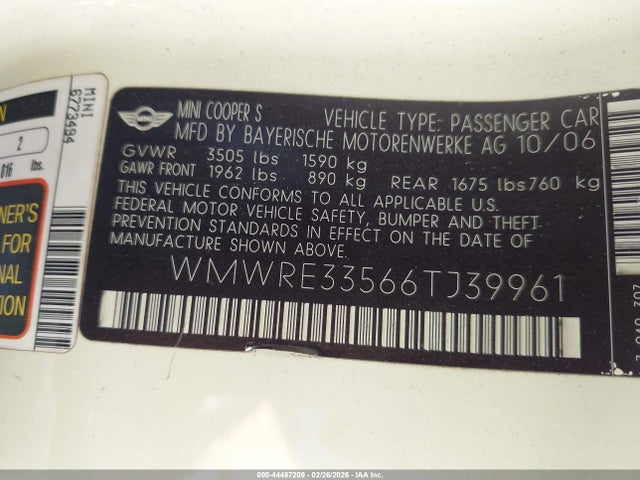 2006 MINI COOPER S WMWRE33566TJ39961 Photo 8