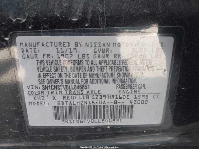 3N1CN8FV0LL846851 Nissan Versa Sr Xtronic Cvt