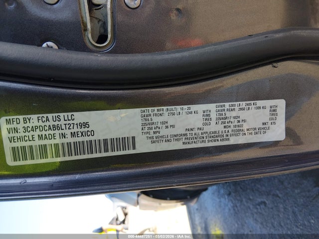 44487251 :رقم المزاد ، 3C4PDCAB6LT271995 vin ، 2020 Dodge Journey Se Value مزاد بيع