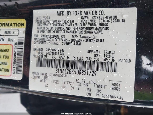 2013 Lincoln Mkz მანქანა იყიდება აუქციონზე, vin: 3LN6L2GK5DR821729, აუქციონის ნომერი: 44487314