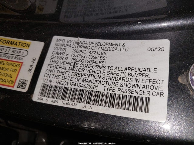 1HGCY1F41SA035201 Honda ACCORD SE