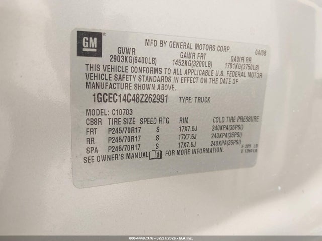 44487376 :رقم المزاد ، 1GCEC14C48Z262991 vin ، 2008 Chevrolet Silverado 1500 Work Truck مزاد بيع