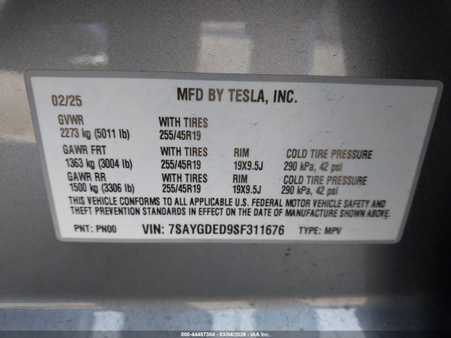 7SAYGDED9SF311676 Tesla Model Y Long Range Dual Motor Rear-wheel Drive