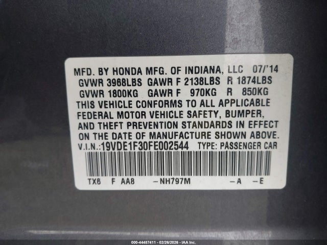 2015 Acura Ilx 2.0l მანქანა იყიდება აუქციონზე, vin: 19VDE1F30FE002544, აუქციონის ნომერი: 44487411