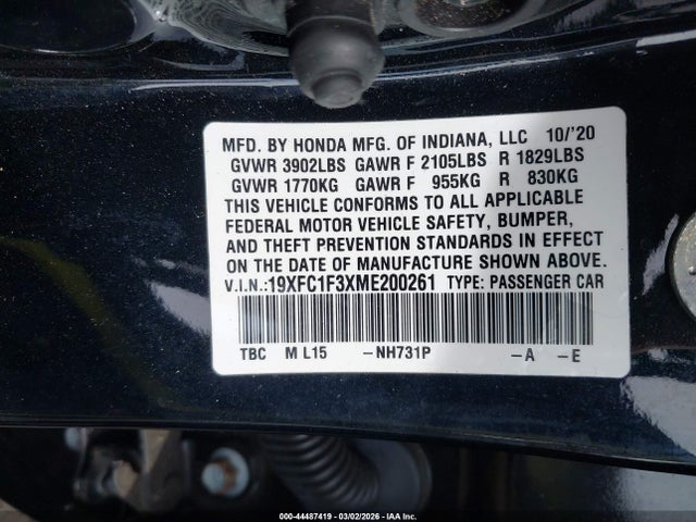 Продаж на аукціоні авто 2021 Honda Civic Ex, vin: 19XFC1F3XME200261, номер лоту: 44487419