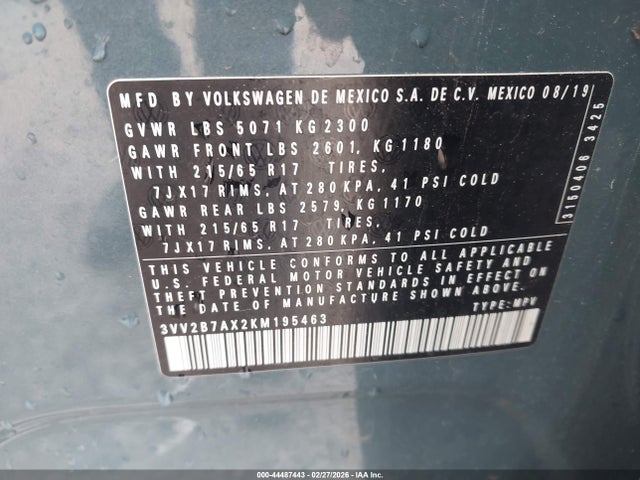 44487443 :رقم المزاد ، 3VV2B7AX2KM195463 vin ، 2019 Volkswagen Tiguan 2.0t Se/2.0t Sel/2.0t Sel R-line/2.0t Sel R-line Black مزاد بيع