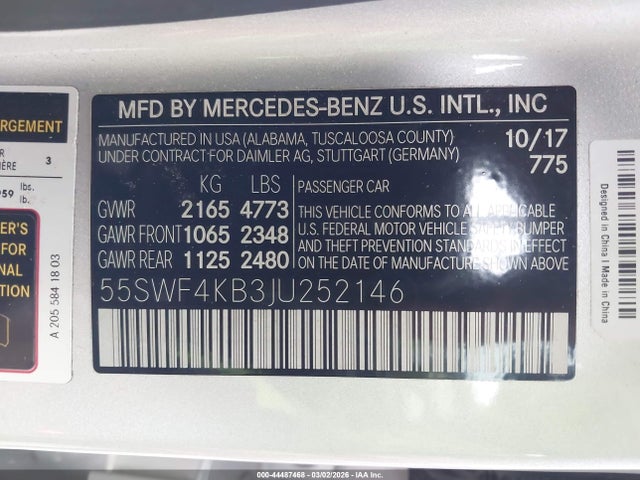 Aukcja sprzedaży 2018 Mercedes-benz C 300 4matic, vin: 55SWF4KB3JU252146, numer aukcji: 44487468