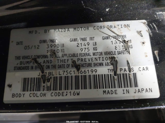 44487487 :رقم المزاد ، JM1BL1L75C1666199 vin ، 2012 Mazda Mazda3 I Touring مزاد بيع