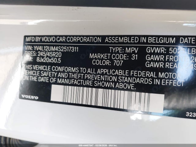 44487547 :رقم المزاد ، YV4L12UM4S2517311 vin ، 2025 Volvo Xc40 B5 Ultra Dark Theme مزاد بيع