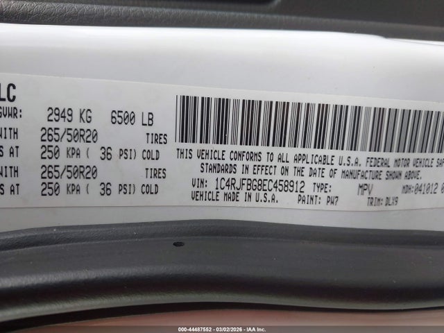 Продажа на аукционе авто 2014 Jeep Grand Cherokee Limited, vin: 1C4RJFBG8EC458912, номер лота: 44487552