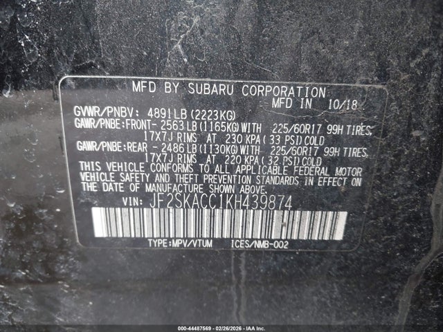 44487569 :رقم المزاد ، JF2SKACC1KH439874 vin ، 2019 Subaru Forester مزاد بيع
