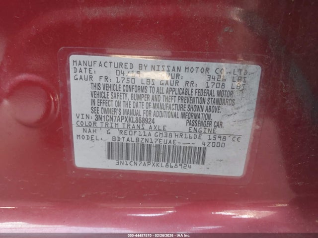 44487570 :رقم المزاد ، 3N1CN7APXKL868924 vin ، 2019 Nissan Versa 1.6 Sv مزاد بيع