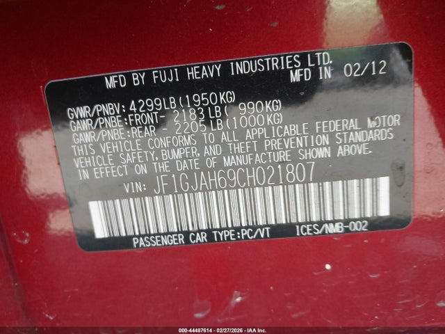 2012 Subaru Impreza 2.0i Limited მანქანა იყიდება აუქციონზე, vin: JF1GJAH69CH021807, აუქციონის ნომერი: 44487614