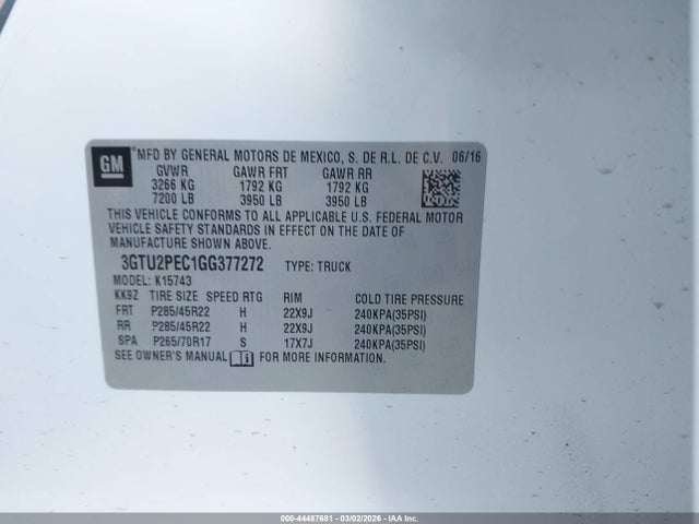 Aukcja sprzedaży 2016 Gmc Sierra 1500 Denali, vin: 3GTU2PEC1GG377272, numer aukcji: 44487681