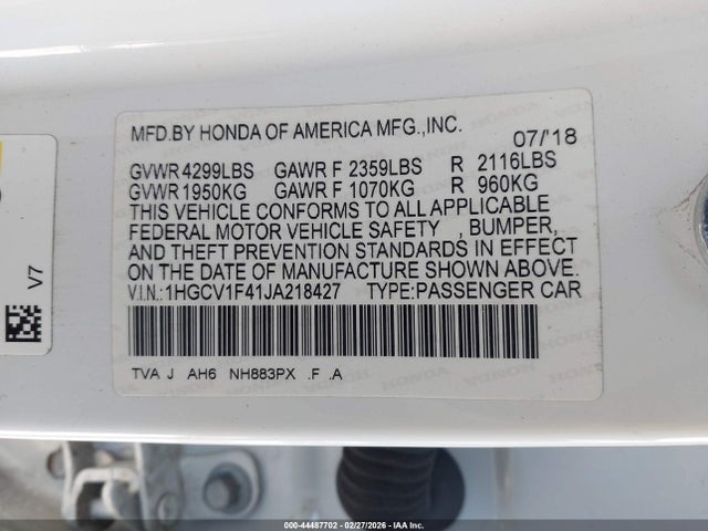 Aukcja sprzedaży 2018 Honda Accord Ex, vin: 1HGCV1F41JA218427, numer aukcji: 44487702