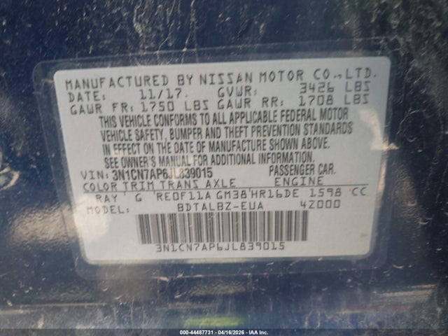 Aukcja sprzedaży 2018 Nissan Versa 1.6 Sv, vin: 3N1CN7AP6JL839015, numer aukcji: 44487731