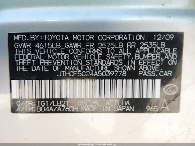 Aukcja sprzedaży 2010 Lexus Is 250, vin: JTHCF5C24A5039778, numer aukcji: 44487744