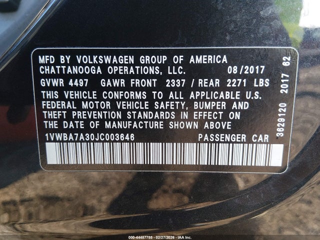 44487755 :رقم المزاد ، 1VWBA7A30JC003646 vin ، 2018 Volkswagen Passat 2.0t Se مزاد بيع