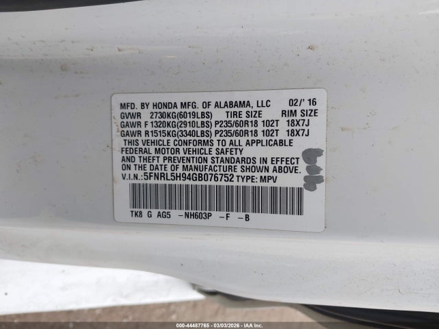 2016 HONDA ODYSSEY 5FNRL5H94GB076752 Photo 8