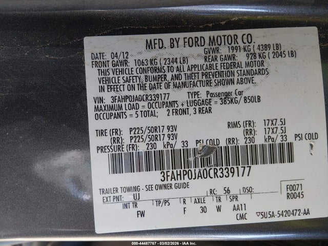 Продажа на аукционе авто 2012 Ford Fusion Sel, vin: 3FAHP0JA0CR339177, номер лота: 44487767