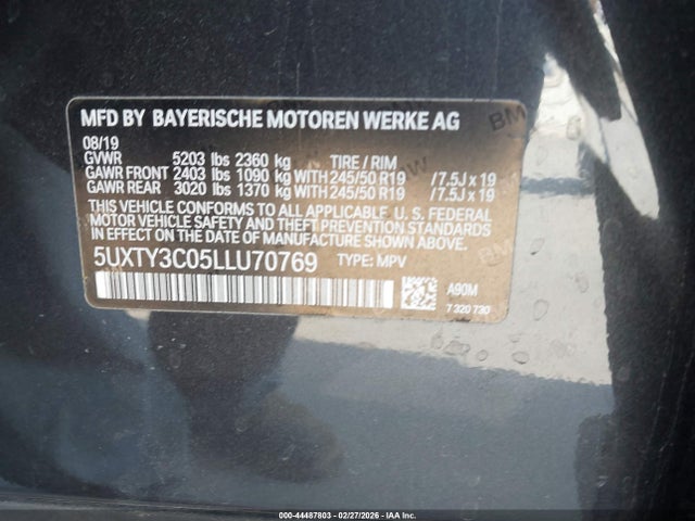44487803 :رقم المزاد ، 5UXTY3C05LLU70769 vin ، 2020 Bmw X3 Sdrive30i مزاد بيع
