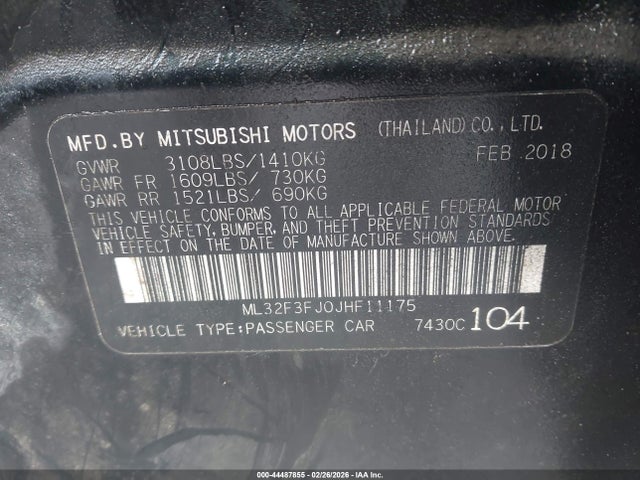 44487855 :رقم المزاد ، ML32F3FJ0JHF11175 vin ، 2018 Mitsubishi Mirage G4 Es مزاد بيع