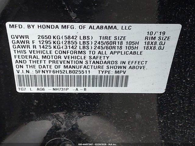 5FNYF6H52LB025511 Honda Pilot Ex-l