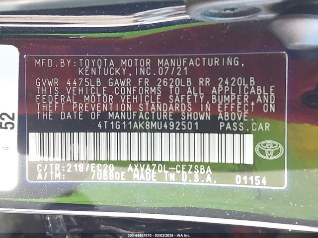 4T1G11AK8MU492501 Toyota Camry Se Nightshade Edition