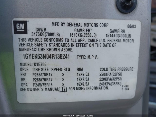Продажа на аукционе авто 2004 Cadillac Escalade Standard, vin: 1GYEK63N04R138241, номер лота: 44487876