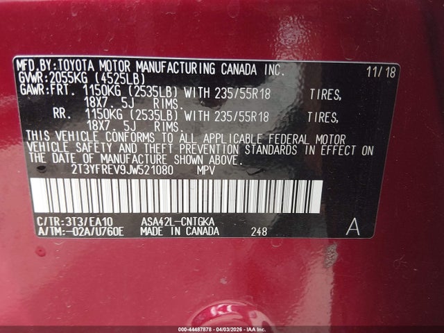 2018 Toyota Rav4 Limited მანქანა იყიდება აუქციონზე, vin: 2T3YFREV9JW521080, აუქციონის ნომერი: 44487878