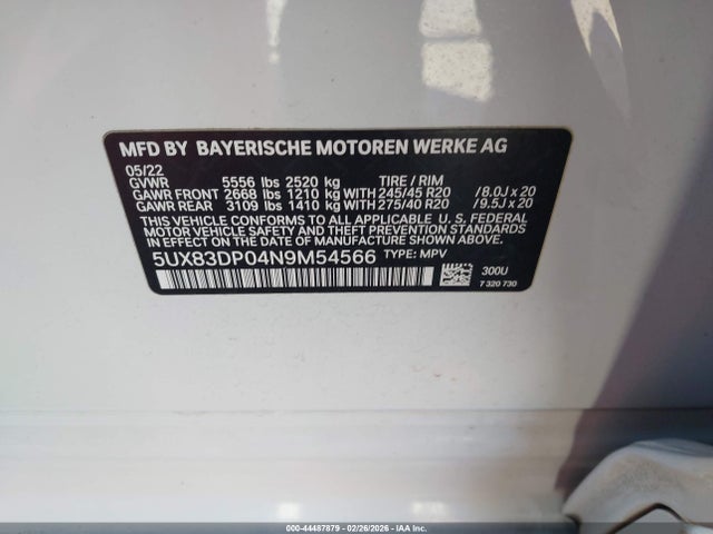 Aukcja sprzedaży 2022 Bmw X3 M40i, vin: 5UX83DP04N9M54566, numer aukcji: 44487879