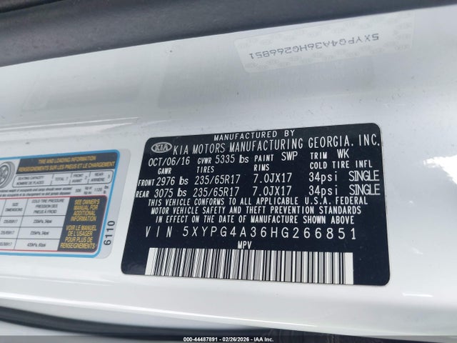 5XYPG4A36HG266851 KIA Sorento 2.4l Lx