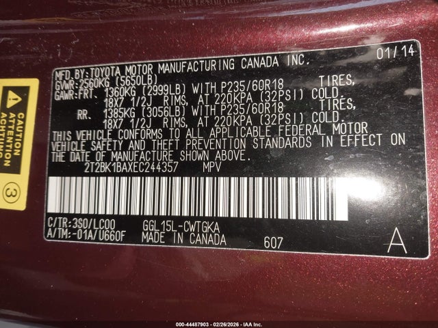 44487903 :رقم المزاد ، 2T2BK1BAXEC244357 vin ، 2014 Lexus Rx 350 مزاد بيع
