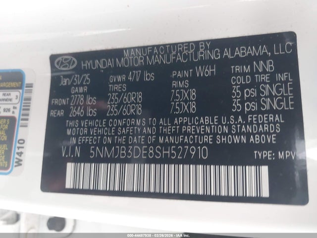 Aukcja sprzedaży 2025 Hyundai Tucson Sel, vin: 5NMJB3DE8SH527910, numer aukcji: 44487938